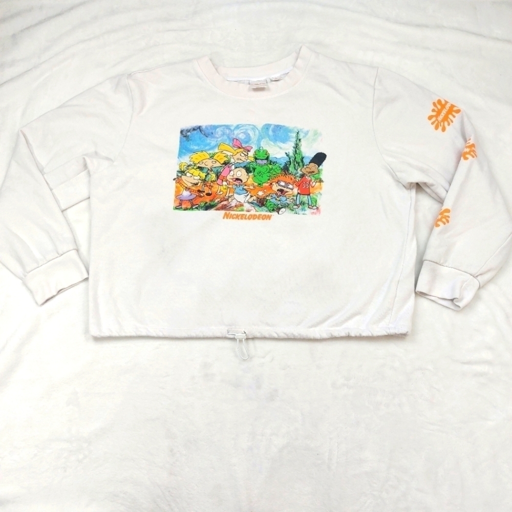 NICKELODEON WOMEN'S WHITE CROPPED CARTOON LONG SLEEVE SWEATSHIRT SIZE LARGE